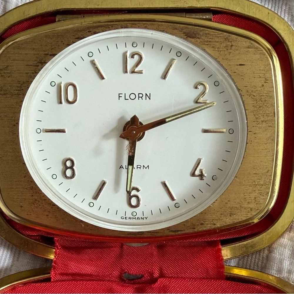 Vintage Florn Germany Travel Wind-up Folding Alarm Clock Red Leather MCM Retro